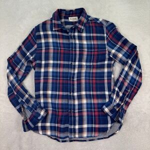 M SINGER Mens Medium Flannel Shirt Blue Red Plaid Long Sleeve Button Down Cotton